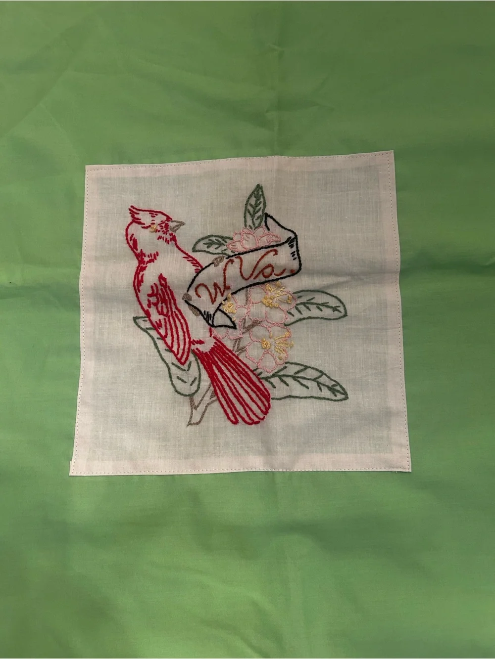 2 Vintage Embroidered Cardinal Pillowcase Shams - Mint Green